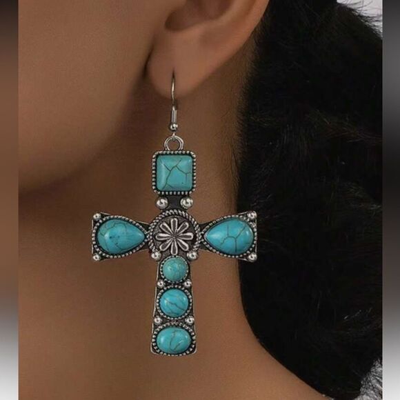 Turquoise Cross Earrings A1314 - Picture 2 of 4